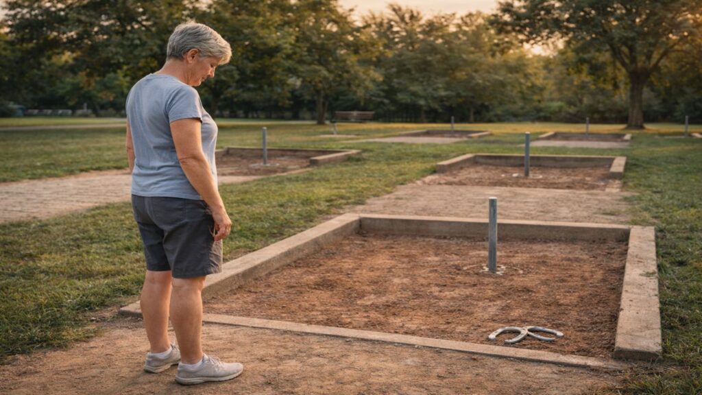 horseshoe player calmly resetting between throws at a league horseshoe court