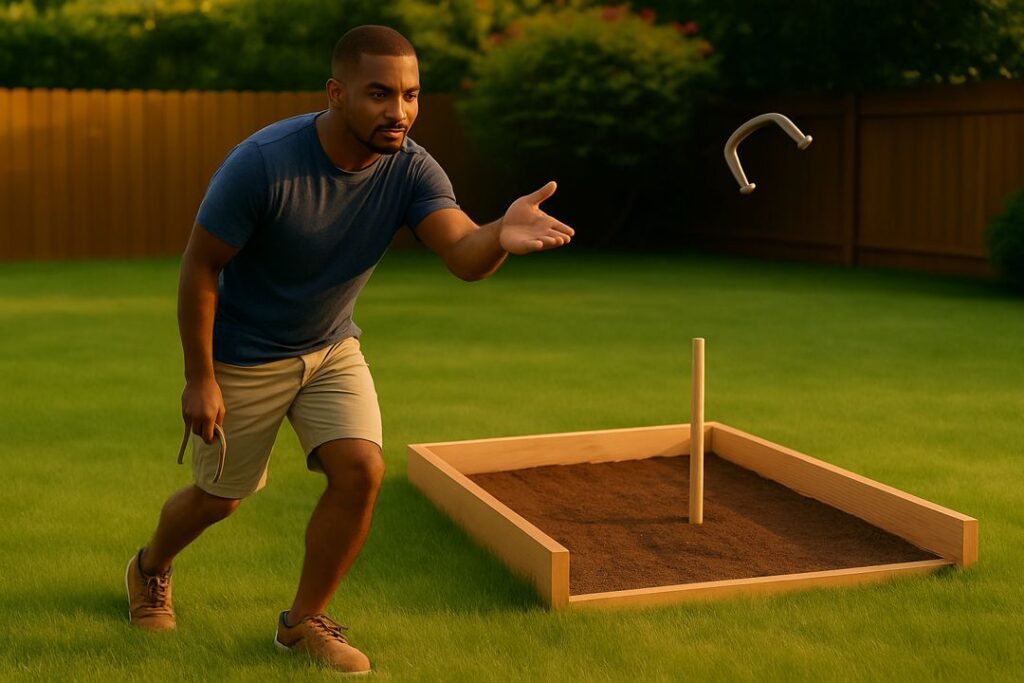 African American man practicing horseshoes with a smooth arc and relaxed release near a backyard pit