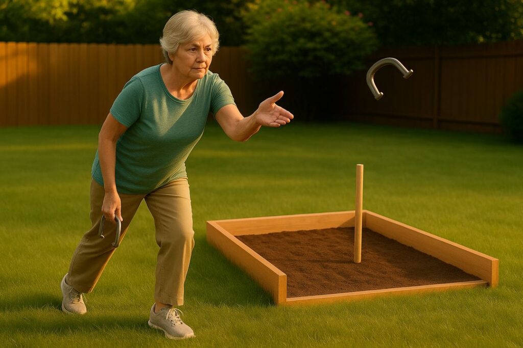 Older woman practicing horseshoes near a backyard pit focusing on consistency and control