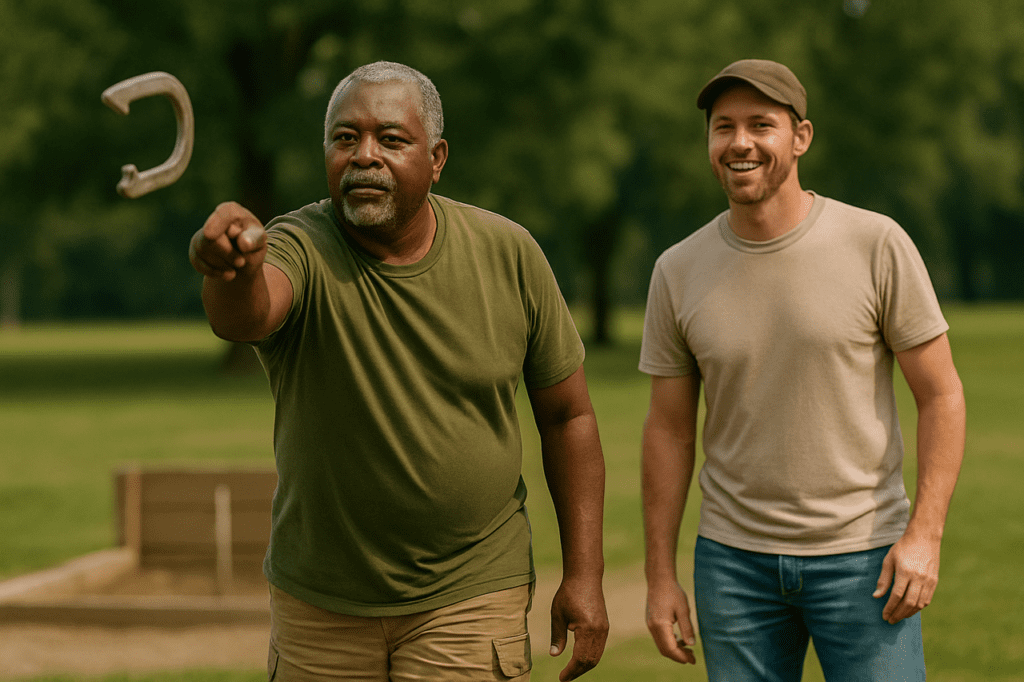 An African American veteran pitching a horseshoe while a Caucasian veteran watches with a smile in a grassy outdoor setting.