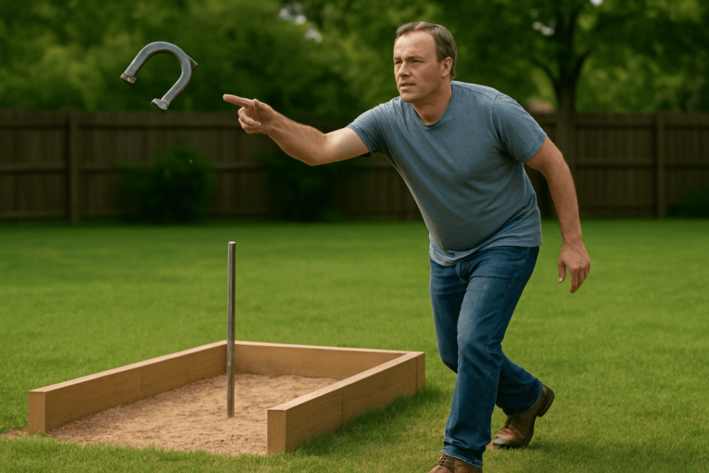 A middle-aged Caucasian man tossing a horseshoe in a backyard court with the pit beside him.
