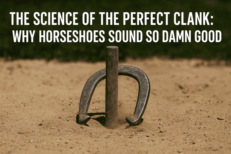 A horseshoe wrapped around a metal stake in a backyard pit, showing the moment of impact.