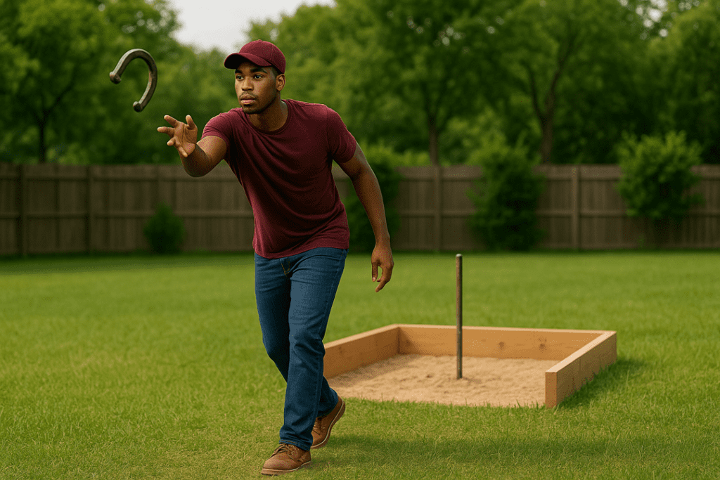 A young Black man in a burgundy shirt releasing a horseshoe with proper form beside a backyard pit.