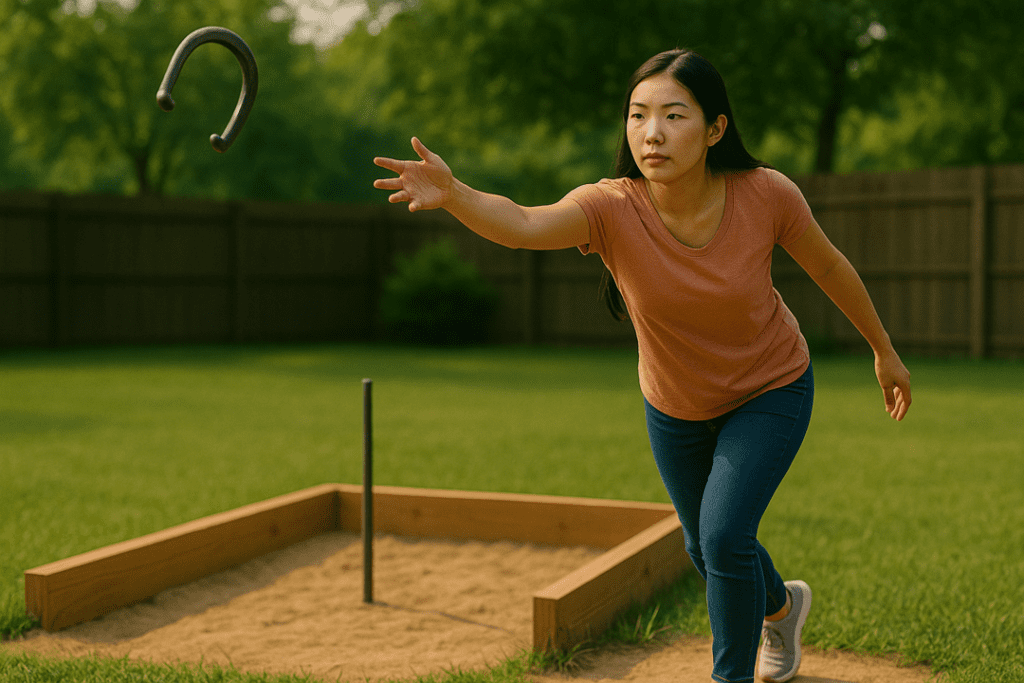A young Asian woman releasing a horseshoe mid-throw beside a backyard sand pit during daytime.