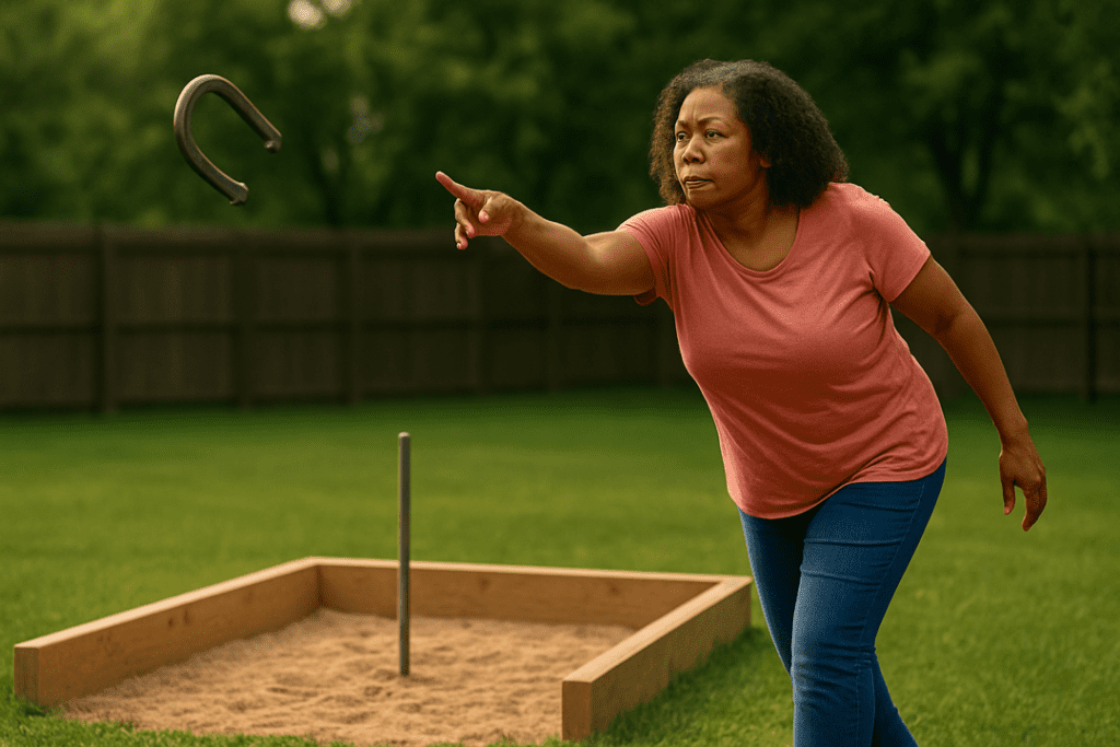A middle-aged Black woman releasing a horseshoe beside a wooden horseshoe pit in a grassy backyard.