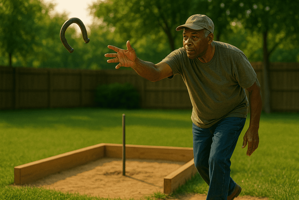 An older Black man throwing a horseshoe with correct grip and follow-through in a backyard setting.
