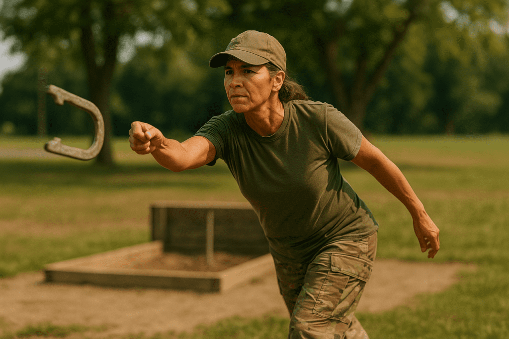 A focused female veteran mid-throw, releasing a horseshoe with proper form at an outdoor horseshoe pit.