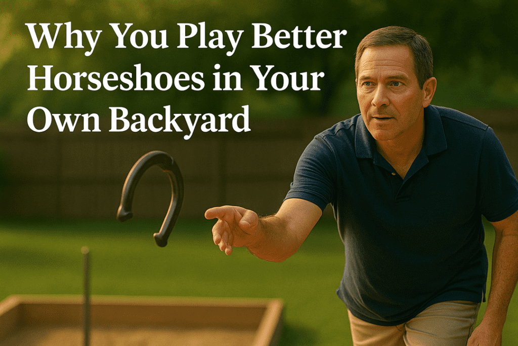 A focused male horseshoe player releasing a shoe in a backyard pit with the article title overlaid.