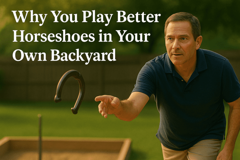 A focused male horseshoe player releasing a shoe in a backyard pit with the article title overlaid.