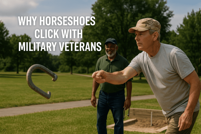 Two military veterans playing horseshoes outdoors, one mid-throw and the other watching with a smile in a warm, sunny park setting.