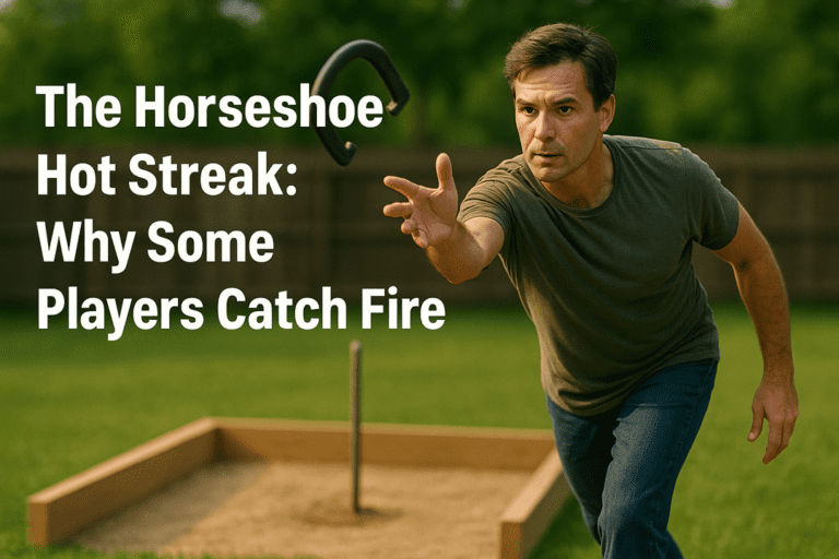 A focused male horseshoe player releasing a shoe toward the stake in a backyard pit, captured in mid-throw.