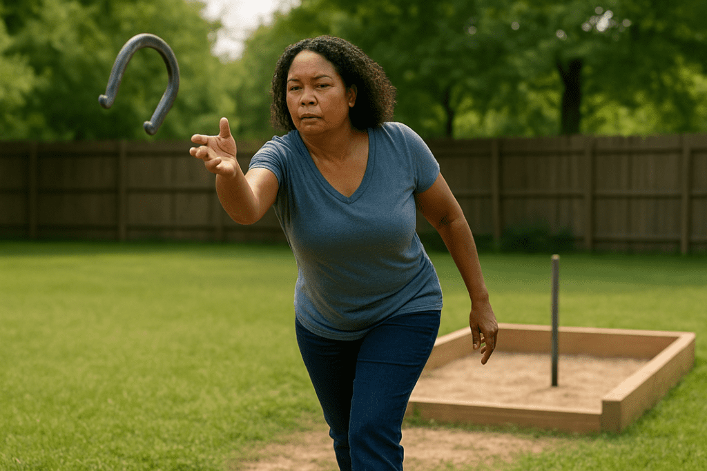 A young Black woman throwing a horseshoe with proper form beside a backyard sand pit during daytime.