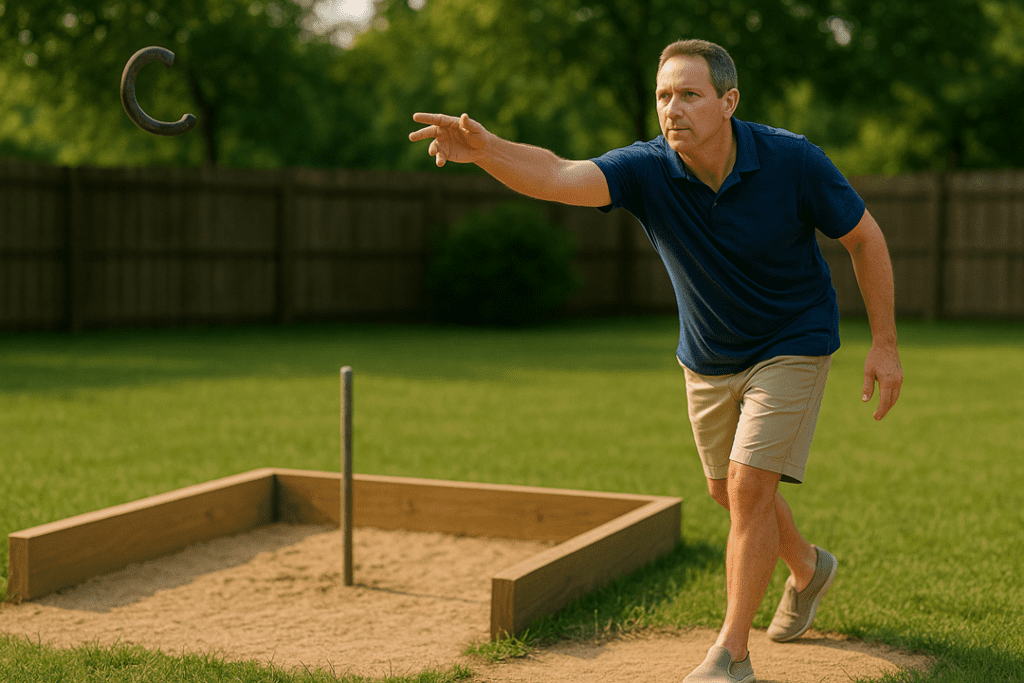 A middle-aged Caucasian man releasing a horseshoe with proper form beside a backyard sand pit.