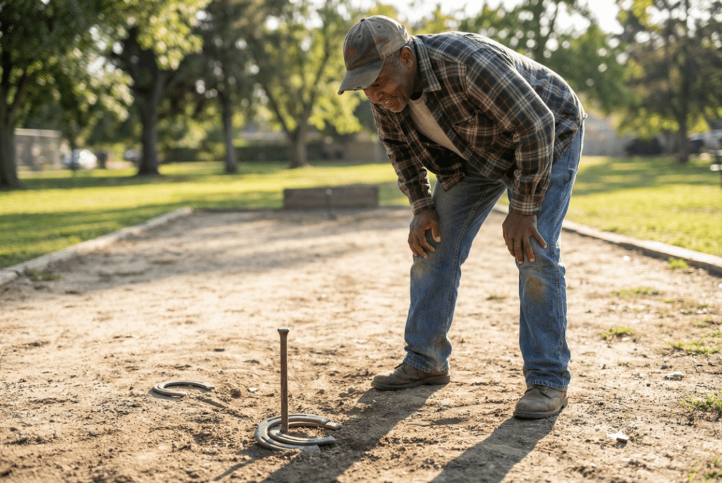 An older Black man bends slightly to look at a horseshoe wrapped around the stake after a successful throw.