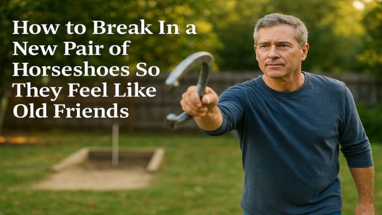 Man pitching a horseshoe in a backyard pit with the article title displayed on the left side.