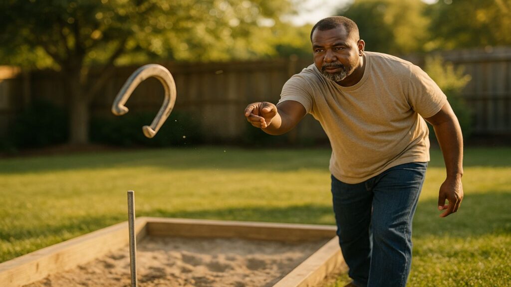 African American man softly tossing a horseshoe at close range to tap the stake during break-in.
