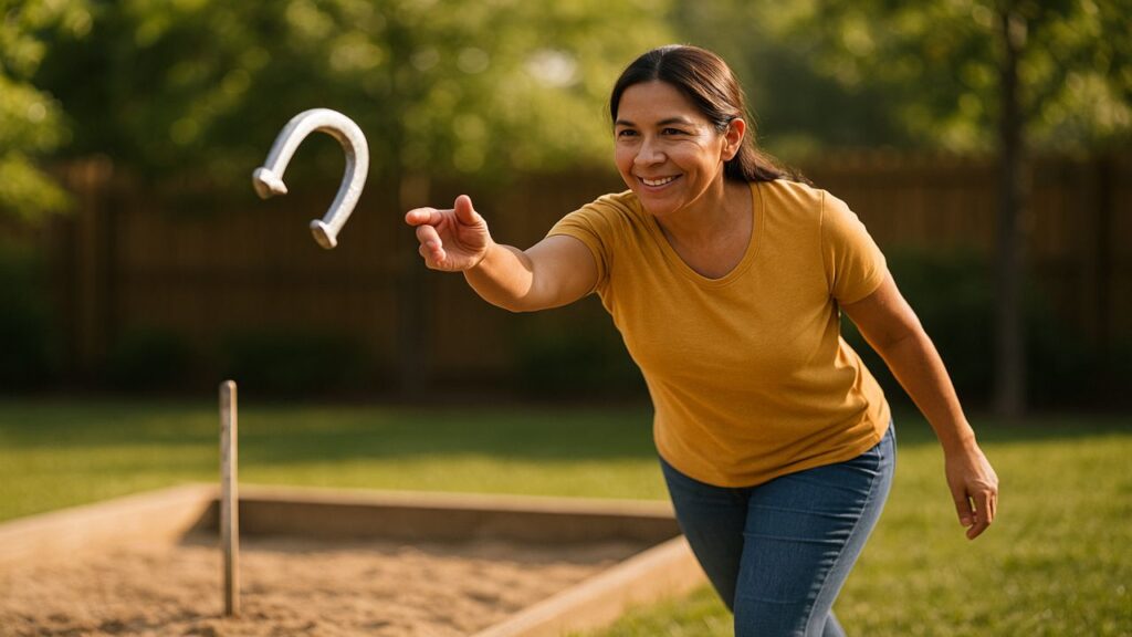 Hispanic woman making a gentle short-distance horseshoe toss to help break in a new pair.