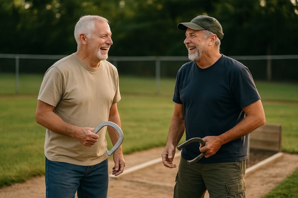 Two middle-aged veterans are laughing and holding horseshoes beside the pit during a relaxed outdoor game.