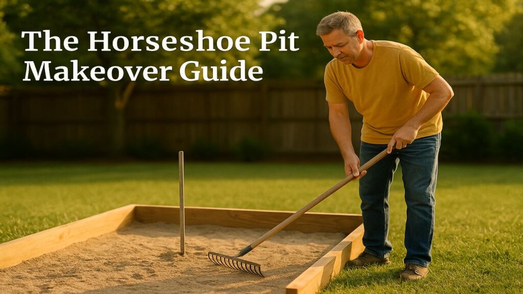 Man grooming the sand in a three-sided backyard horseshoe pit during golden hour with the article title in the top left.