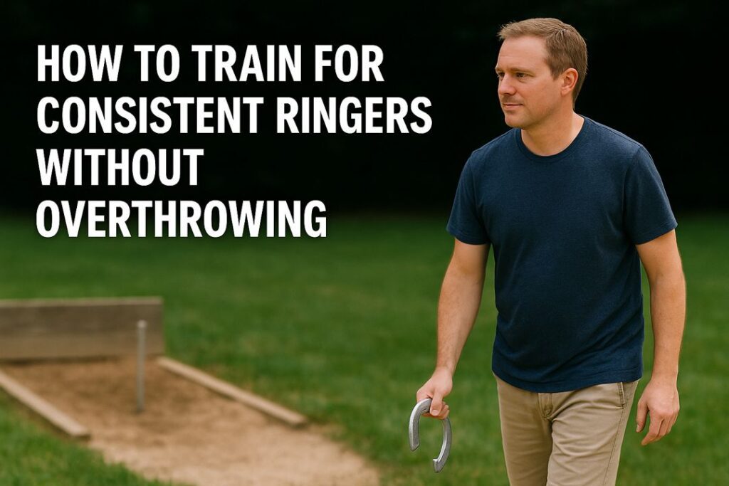 Man practicing horseshoes near backyard pit focusing on smooth controlled throw to avoid overthrowing