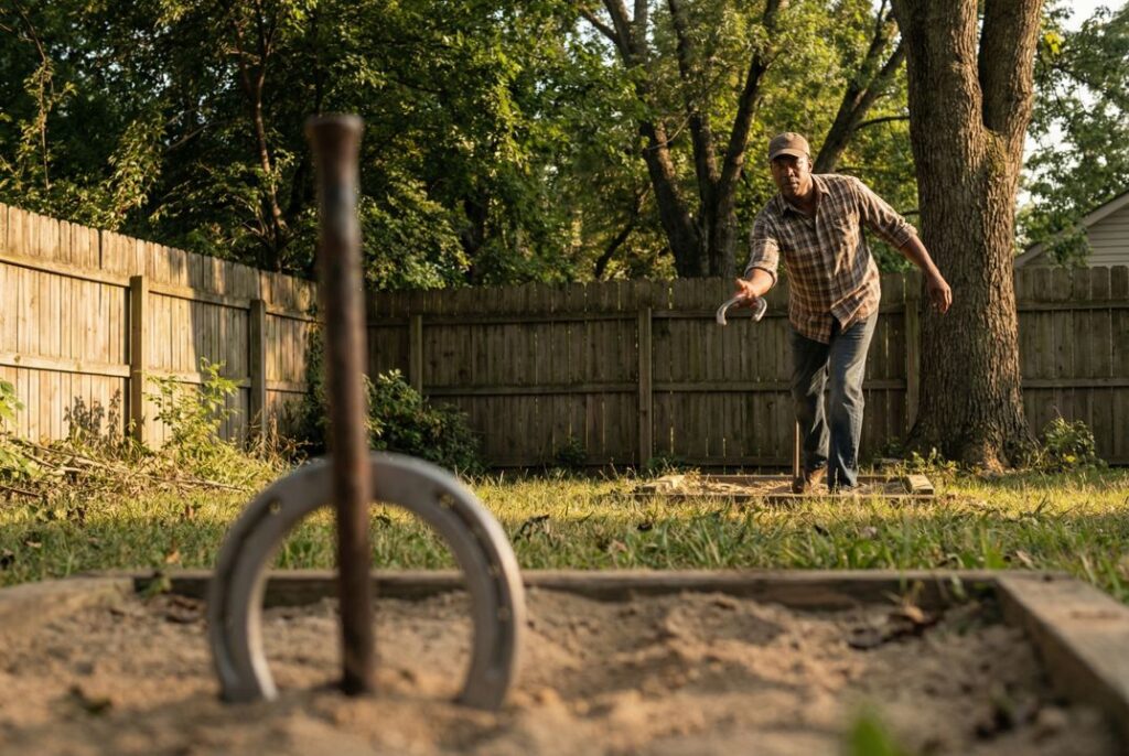 African American man pitching a horseshoe with controlled form during a defensive horseshoes situation