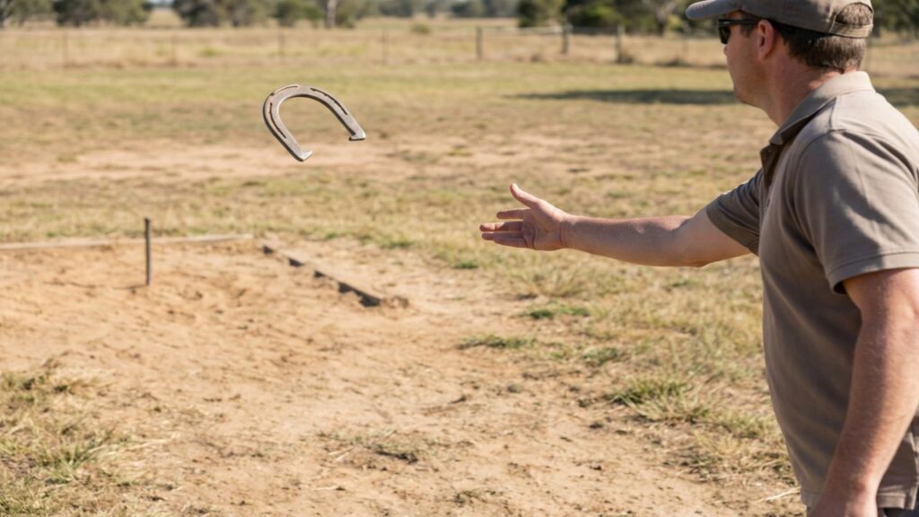 Horseshoe leaving the hand during a smooth controlled underhand release