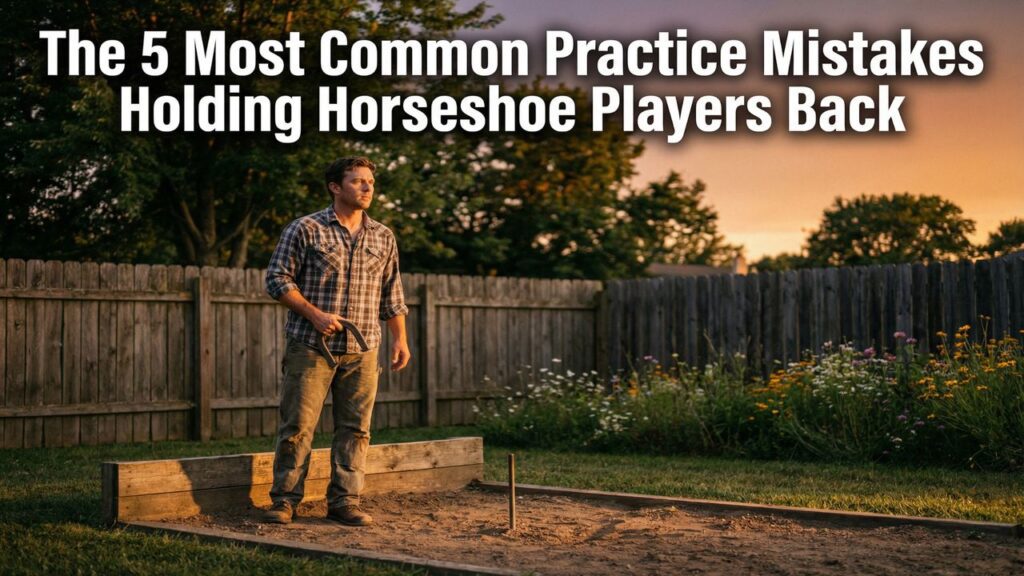 Horseshoe player pausing before practice throw at a backyard horseshoe court