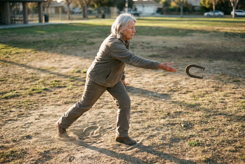 Player pitching horseshoes on soft uneven backyard ground