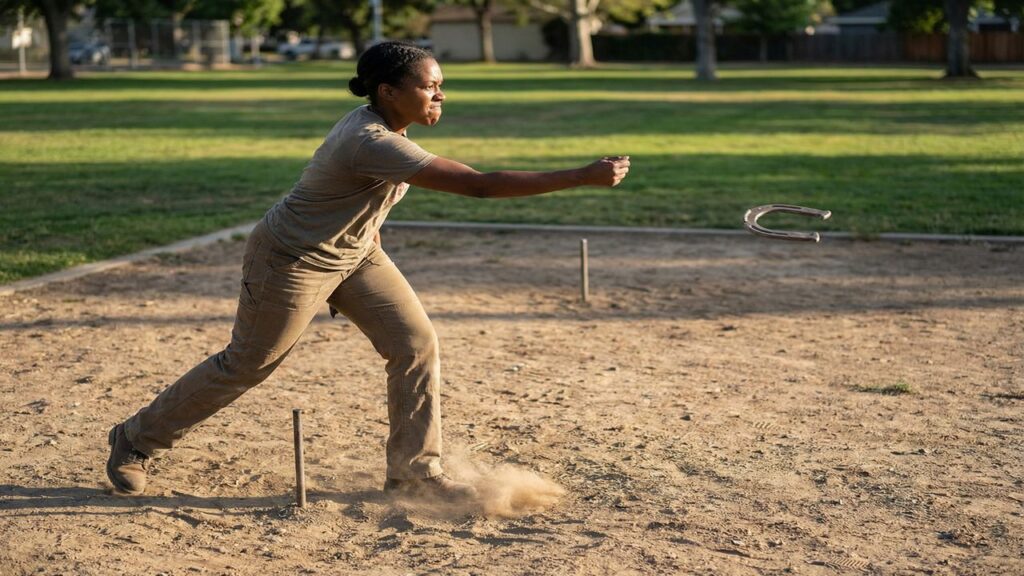 Horseshoe player using too much strength causing a stiff and rushed release
