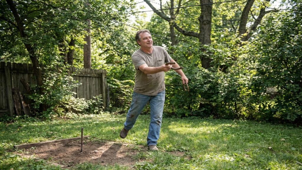 Horseshoe player throwing casually during unfocused practice session