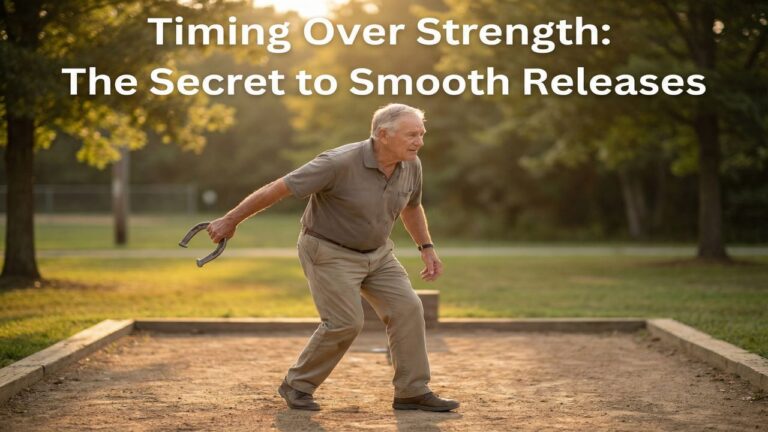 Experienced horseshoe player using smooth timing instead of strength during a controlled pitch