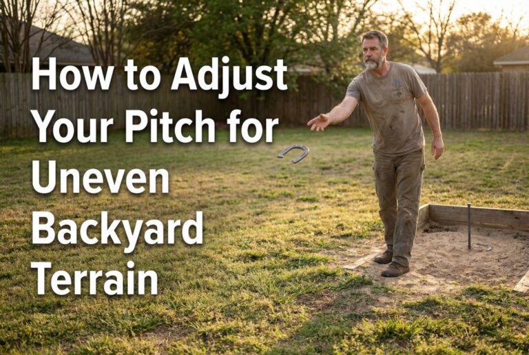 Man pitching horseshoes on uneven backyard terrain