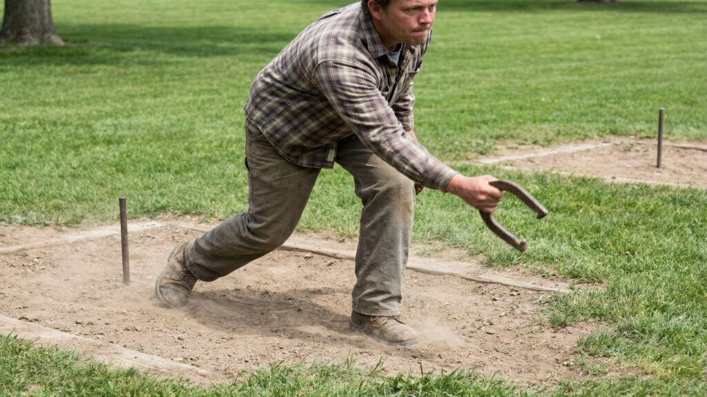 Horseshoe player rushing a throw without resetting stance or routine