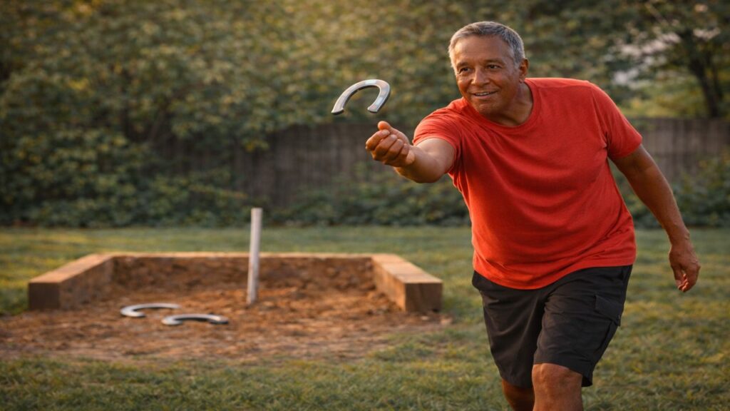 Older African American man in a red shirt and black shorts calmly throwing a horseshoe toward a backyard pit