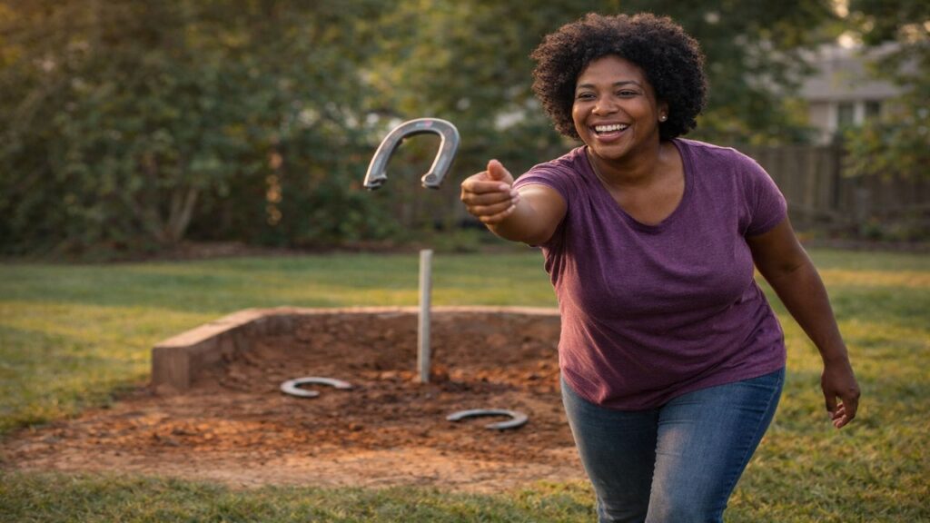 Smiling African American woman throwing a horseshoe with proper underhand form at a backyard horseshoe pit