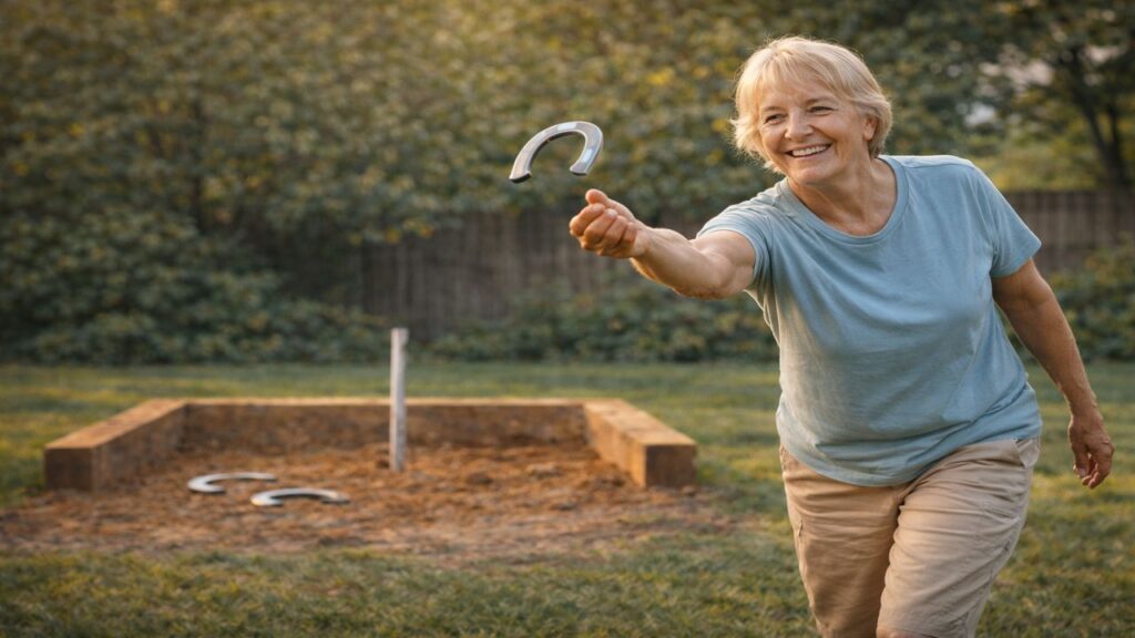 Smiling older Caucasian woman facing forward while releasing a horseshoe with a relaxed underhand motion