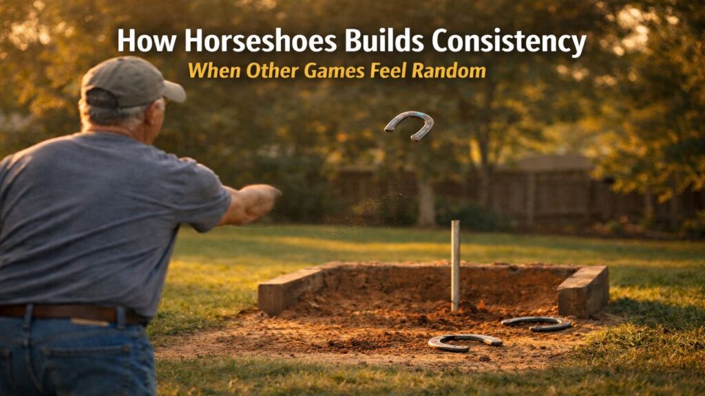 Older man pitching a horseshoe with calm, repeatable form at a backyard horseshoe pit during golden hour