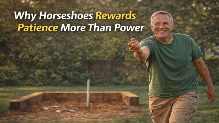Smiling older man facing forward while pitching a horseshoe with smooth underhand form at a backyard horseshoe pit