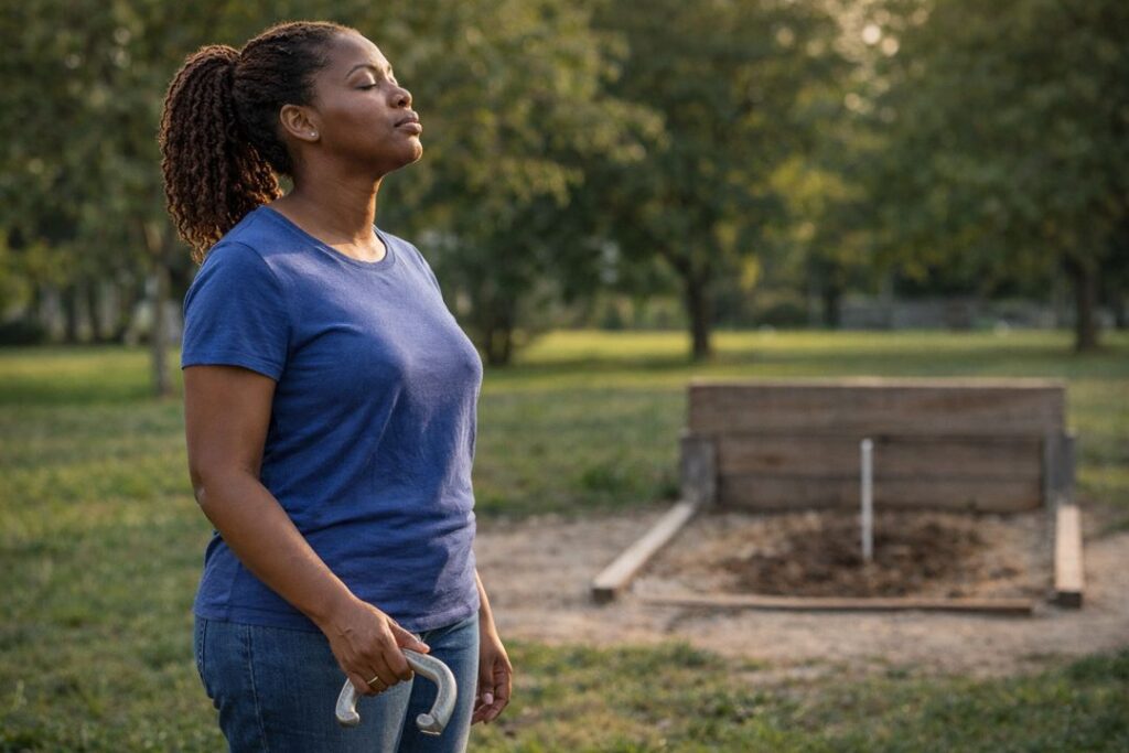 Black female horseshoe player pausing between throws to reset focus, holding a horseshoe correctly at a backyard horseshoe pit