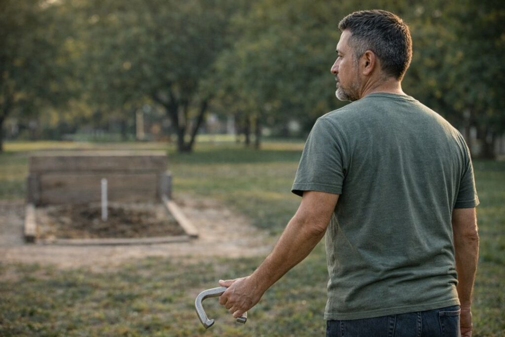 Hispanic male horseshoe player in a relaxed pre-throw setup, showing proper grip and mental focus at an outdoor horseshoe court