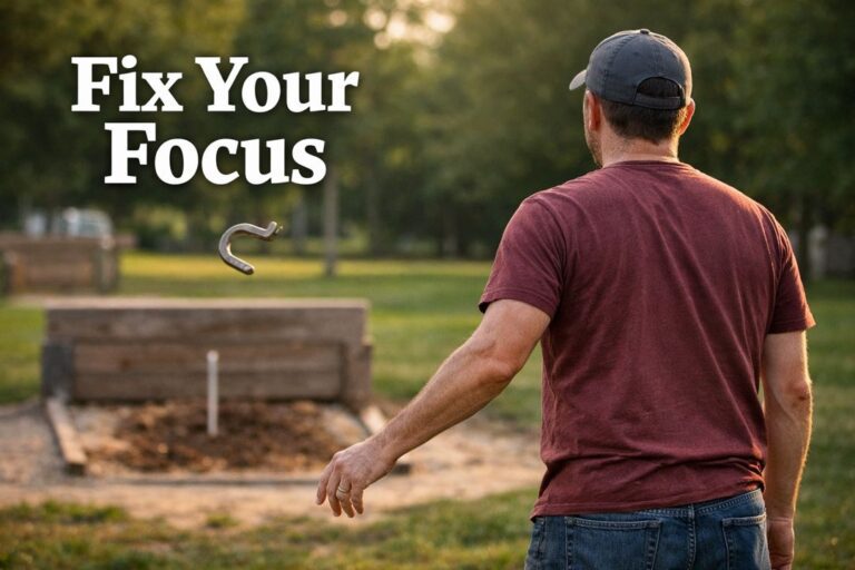 Horseshoe player maintaining calm focus after a pitch, showing relaxed follow-through and steady posture at a backyard horseshoe court
