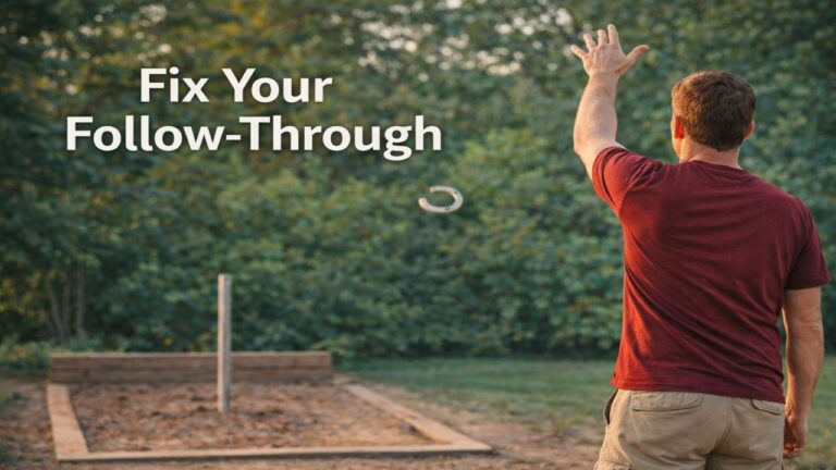 Horseshoe player holding a balanced follow-through after release with the shoe in flight toward the stake