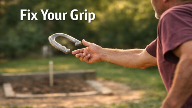 Horseshoe player releasing a pitch with correct grip and relaxed hand position at a backyard court
