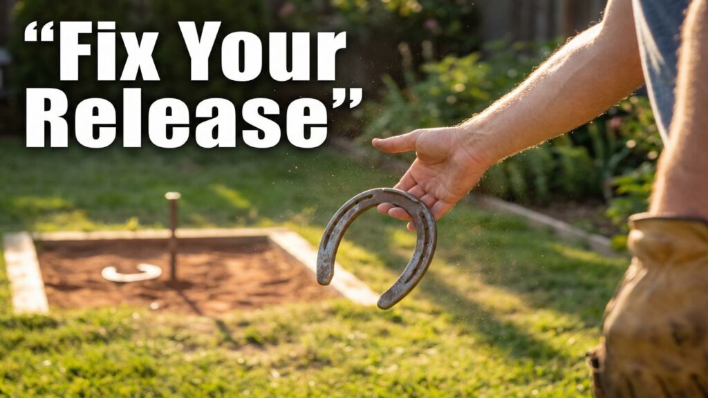 Close view of a horseshoe leaving the hand during a proper flip-style release showing clean rotation and relaxed hand position