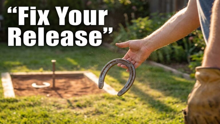 Close view of a horseshoe leaving the hand during a proper flip-style release showing clean rotation and relaxed hand position
