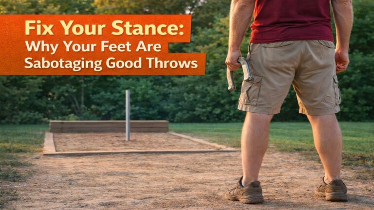 Horseshoe player setting a stable, balanced stance before pitching at a backyard horseshoe court