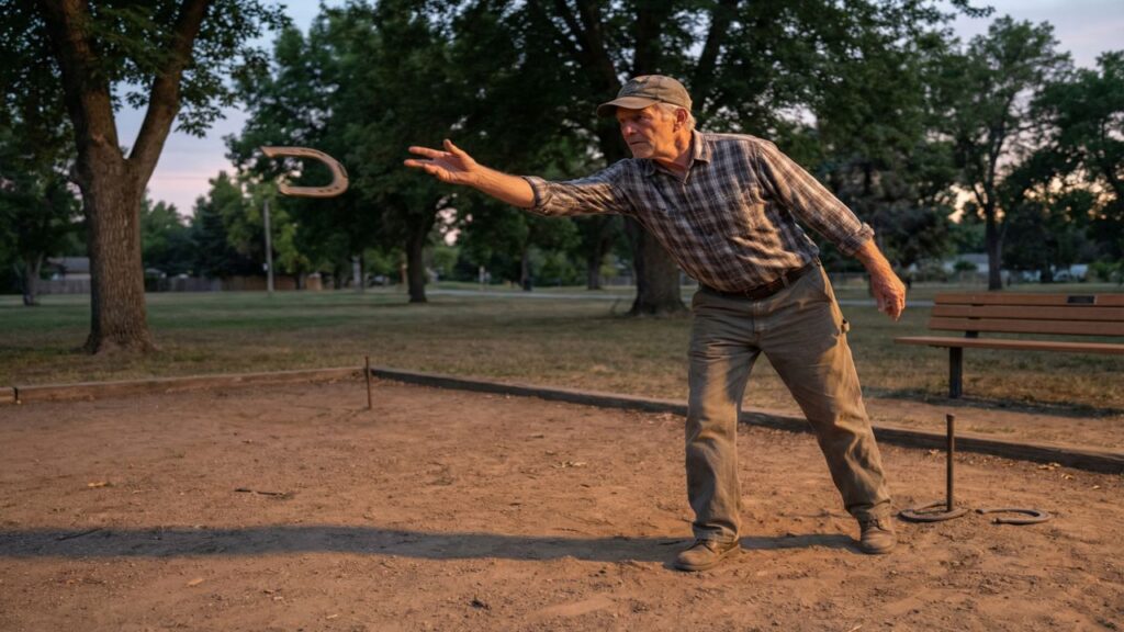 Horseshoe player completing a smooth follow-through with stable footing and natural arm motion