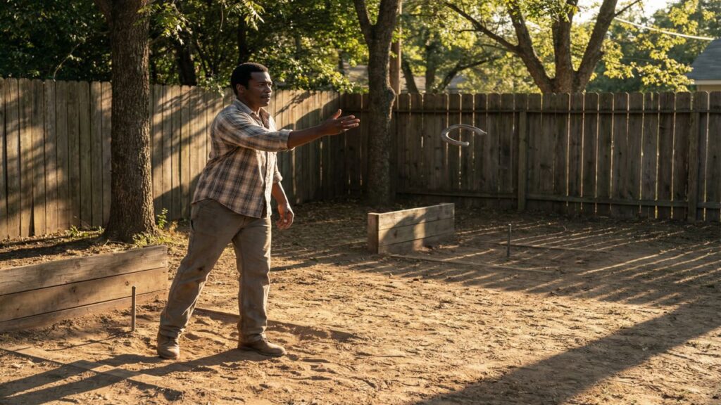Black male horseshoe player finishing a throw with steady balance and relaxed arm extension