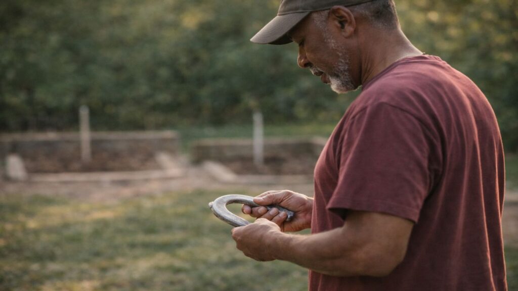 African American horseshoe player calmly resetting grip between pitches at an outdoor court