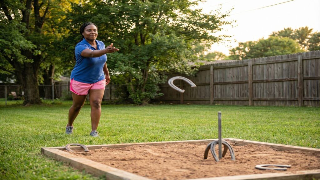 Black female horseshoe player delivering a smooth throw toward the stake in a backyard pit, demonstrating improved focus, balance, and follow-through.
